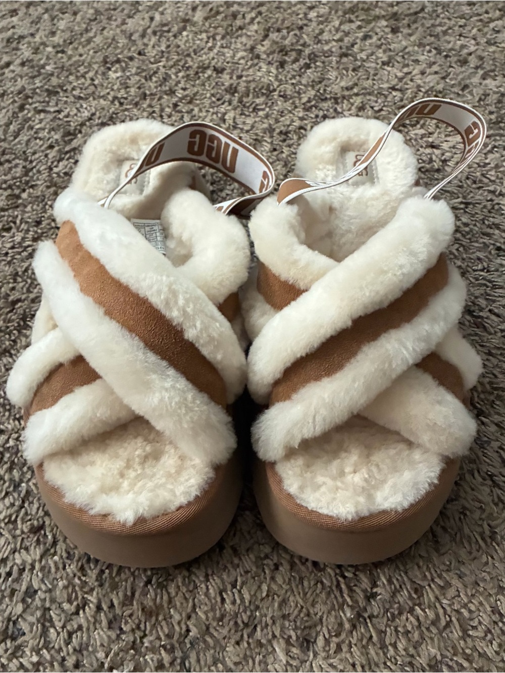 UGG Women's Crisscross Shearling Slide in Chestnut and Cream